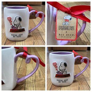 2 Rae Dunn Peanuts Snoopy YOU'RE JUST MY TYPE Mugs Purple Heart Handle Valentine